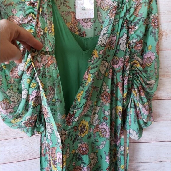 Free People Earthfolk Button Front V-neck Ruched Sleeve Maxi Floral Print Dress - Picture 8 of 15